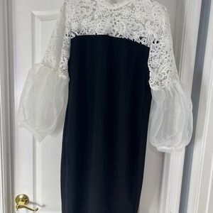 SHEIN Black and White Sheath Dress with Long Bishop Sleeves